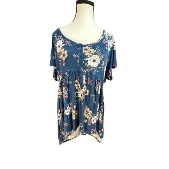 Women’s Torrid 0 Deep Teal Floral Babydoll Super Soft Button-Front Top L XL 12 - Picture 2 of 9